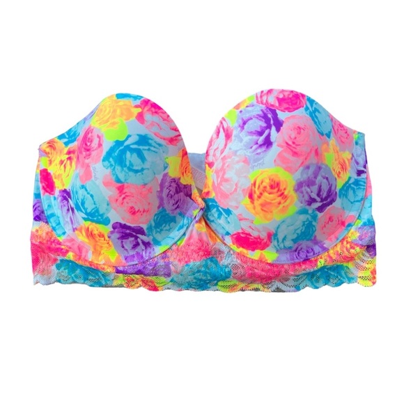 Pink Victoria’s Secret Push Up Bustier with Roses and Lace Underwire Bra 34D - Picture 1 of 8